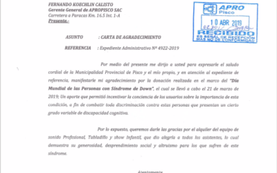 Carta de agradecimiento, Municipalidad Provincial de Pisco