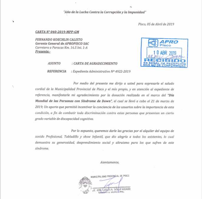 Carta de agradecimiento, Municipalidad Provincial de Pisco